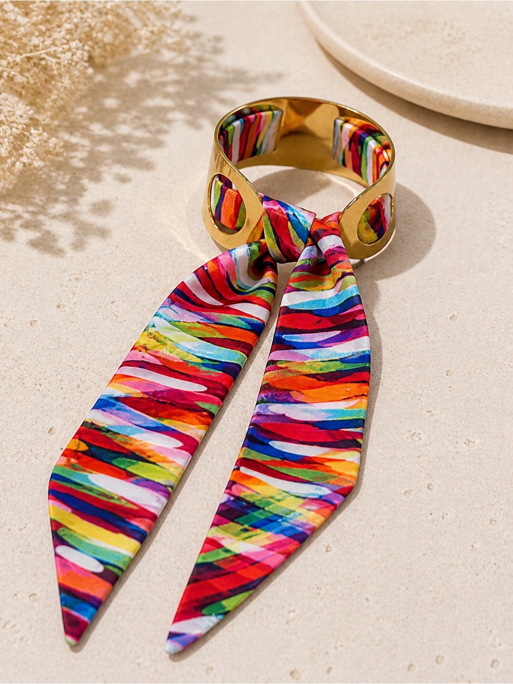 Gold Cuff Bracelet w/ Colorful Ribbon Scarf Tie Boho Chic Statement Piece